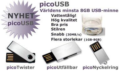 Nyhet picoUSB - Världens minsta 8GB USB-minne. Vattentålig, Bra Pris, Snabb(30MB/s), 1GB till 8GB